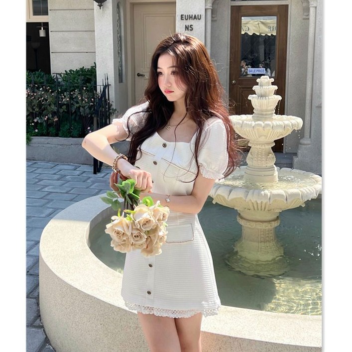 여성 여름 세트 캐주얼 반팔 상의 + 하이웨이스트 미니 치마 상하의 투피스 슬림핏 기질 소향풍 투피스 세트 LPC