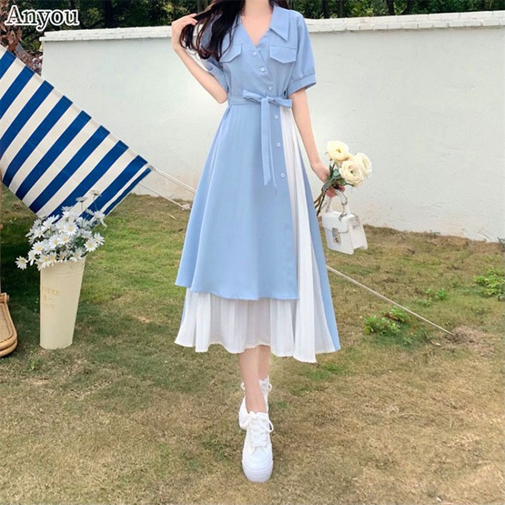 ANYOU 여성 원피스 여름 빅사이즈 캐주얼 쉬폰 셔츠 원피스