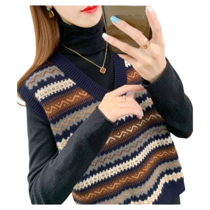 가을겨울 여자 위에 민소매 니트 브이넥 자카드 니트 조끼G101204