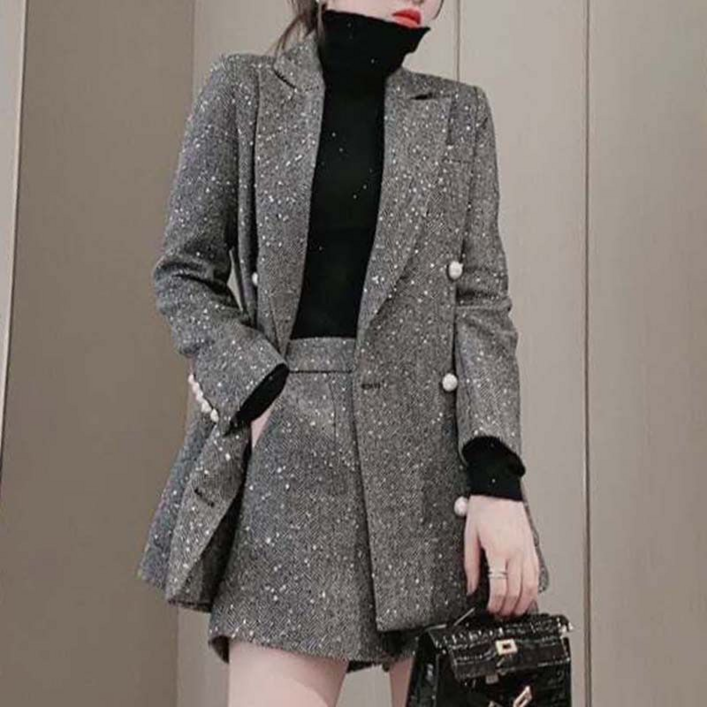 체인지쉬change she 여성 모던 클래식 헤링본 반짝이 진주버튼 반바지 정장세트