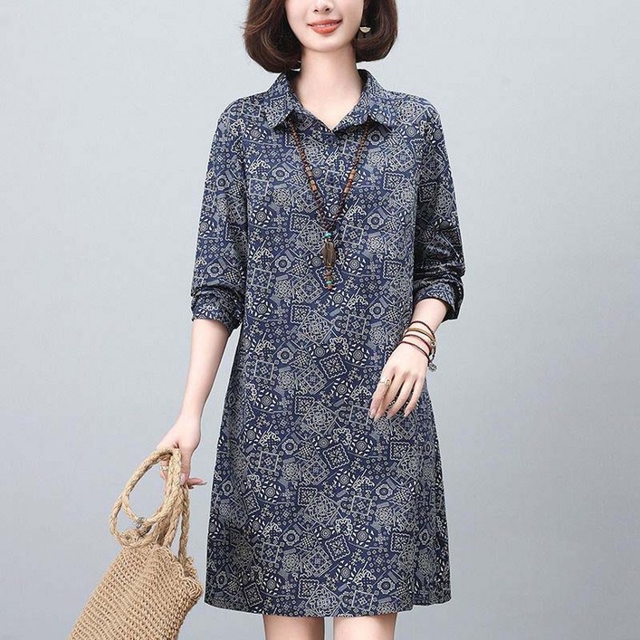 AOKADA 중년 여성 봄 가을 잔플라워 루즈핏 긴팔 셔츠 원피스