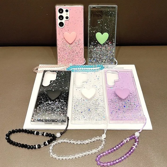 갤럭시 S24 S23 S22 S21 S20 울트라 플러스 S10 노트20 비즈 스트랩 하트 글리터 투명 실리콘 케이스 PT4446