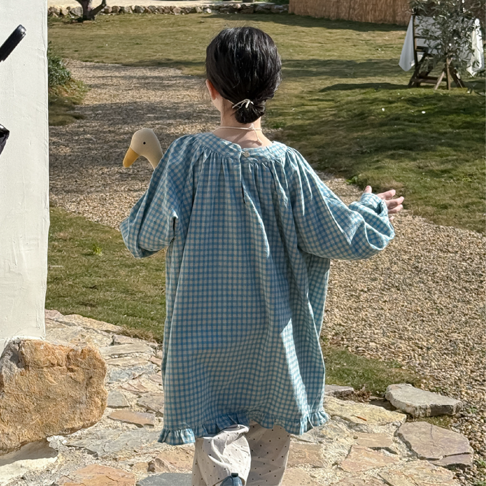 코지블루체크원피스 키즈 여아 유아동 롱 블라우스