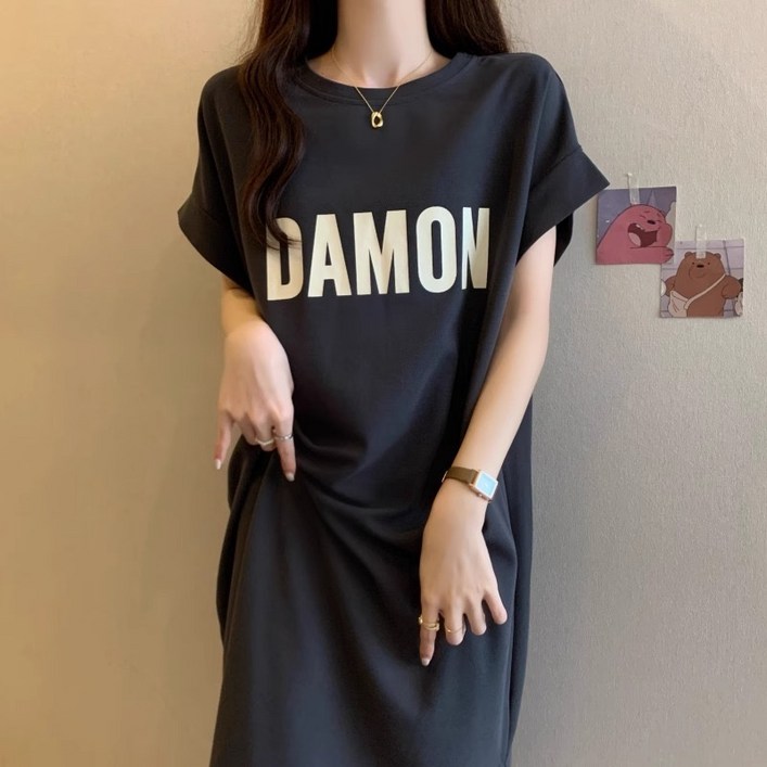 오버핏 레터링 티셔츠 원피스 미니멀 라운드넥 원피스 베어 자수 포인트 티셔츠 원피스