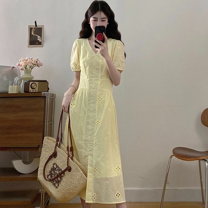 루스리더 여성 레이스 브이넥 반팔 롱 원피스 M820