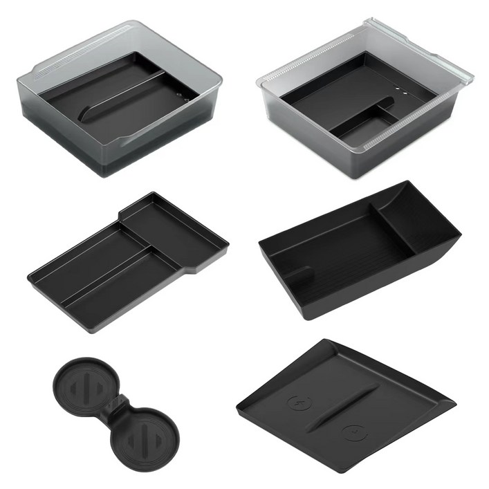 SUMK 테슬라 모델Y 주니퍼/모델3 하이랜드 적용 팔걸이 박스 및 센터 콘솔 수납 정리함 및 보관 트레이 실리콘 물컵 받침 무선 충전 패드 6in1 세트 악세사리, Model Y Juniper(2025-2026), 투명 검은색