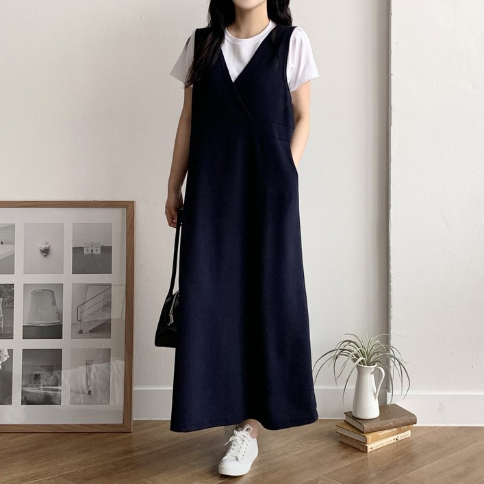 더한땀 브이넥 민소매 레이어드 포켓 롱 원피스 빅사이즈 임부복