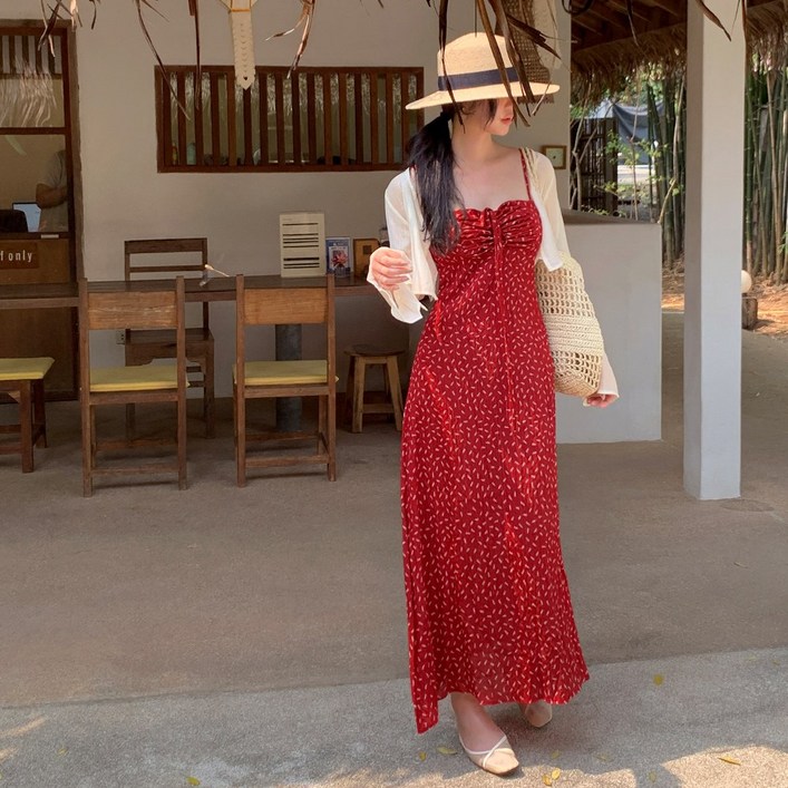 비치팜체리쉬 플라워 롱원피스 비치웨어 여름 나시 드레스 휴양지