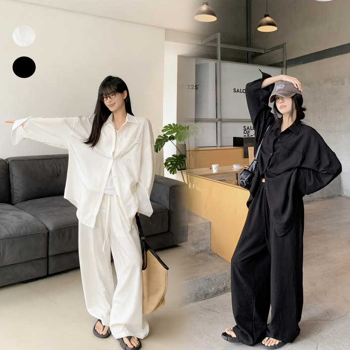 린하오  바캉스 캐주얼 루즈핏 셔츠 상의+와이드 팬츠 세트