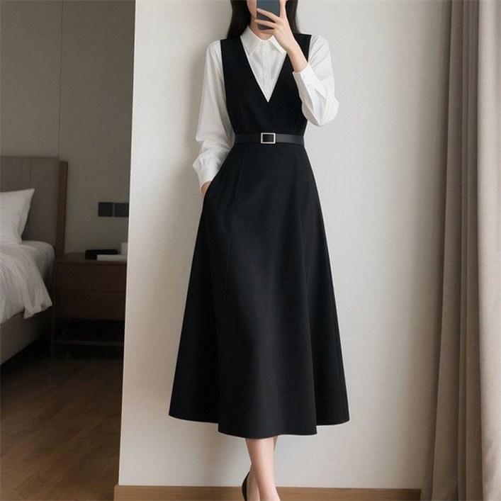 AOKADA 여성 봄 가을 슬림핏 브이넥 A라인 민소매 조끼 베스트 오피프룩 하객룩 정장 원피스