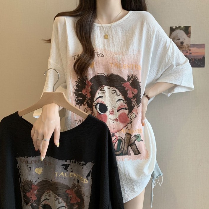 세인트이브 TC0410 귀여운 레터링이 들어간 오버핏 여름 쿨소재 캐릭터 프린팅 반팔 티셔츠