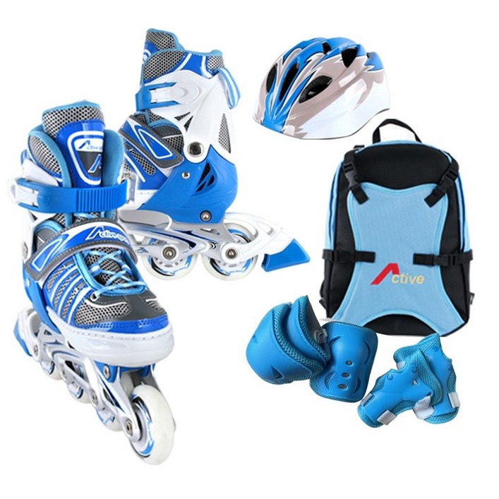 [인라인세트] 사이즈 조절형 아동용 발광바퀴 인라인 스케이트+헬멧+보호대+가방, 에이스 블루