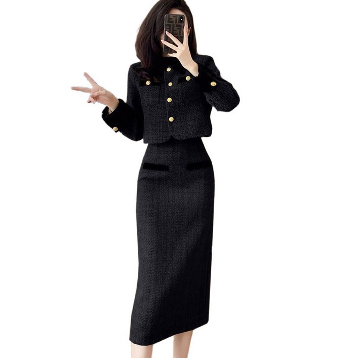 LY7SM 여성용 트위드 카라 크롭자켓+H라인롱스커트 투피스 여자 오피스 정장자켓 스커트 세트