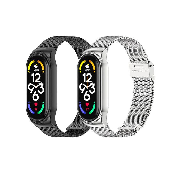 11 이너스 샤오미 미밴드7 밀레니즈 루프 스테인레스 메탈 스트랩 케이스, 블랙블랙, 2개