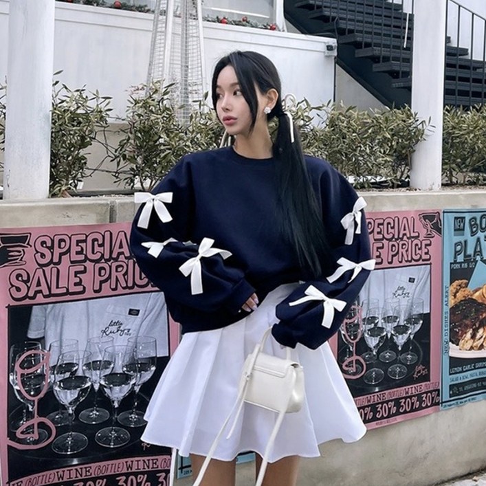 메이리앤 여성 맨투맨 빅사이즈 리본 발레코어 세미크롭 티셔츠