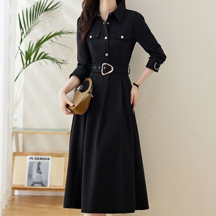 Jisham 여 봄 가을 긴팔 셔츠 원피스 칼라 스커트