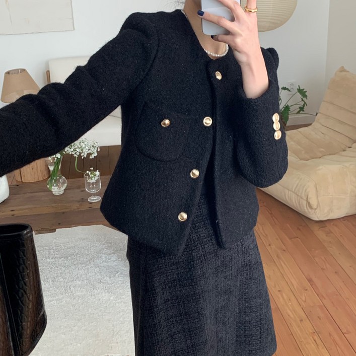 여성 봄가을 트위드자켓 노카라 숏 하객룩 크롭자켓