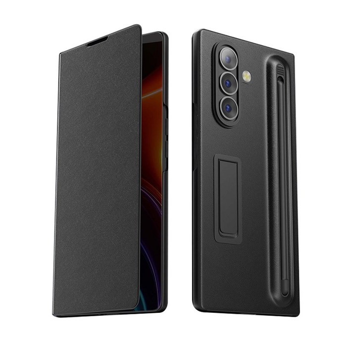 YINUO 갤럭시 Z 폴드 힌지보호 천연 가죽 거치대 케이스with S펜