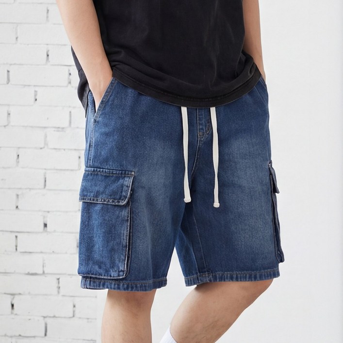 루크 남성 카고 밴딩 버뮤다 데님 팬츠 힙한 스트리트 스타일 코디 데일리 편안한 워싱 스트링 반바지 빅사이즈 빅포켓 하의