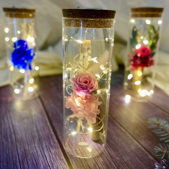 프렌치로즈 시들지않는꽃 LED유리병 편지지 세트, 핑크프리저브드플라워