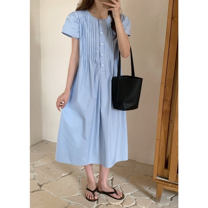 레이디 매직lady magic 여성 프렌치 라운드넥 셔링 셔츠형 반팔 롱 원피스