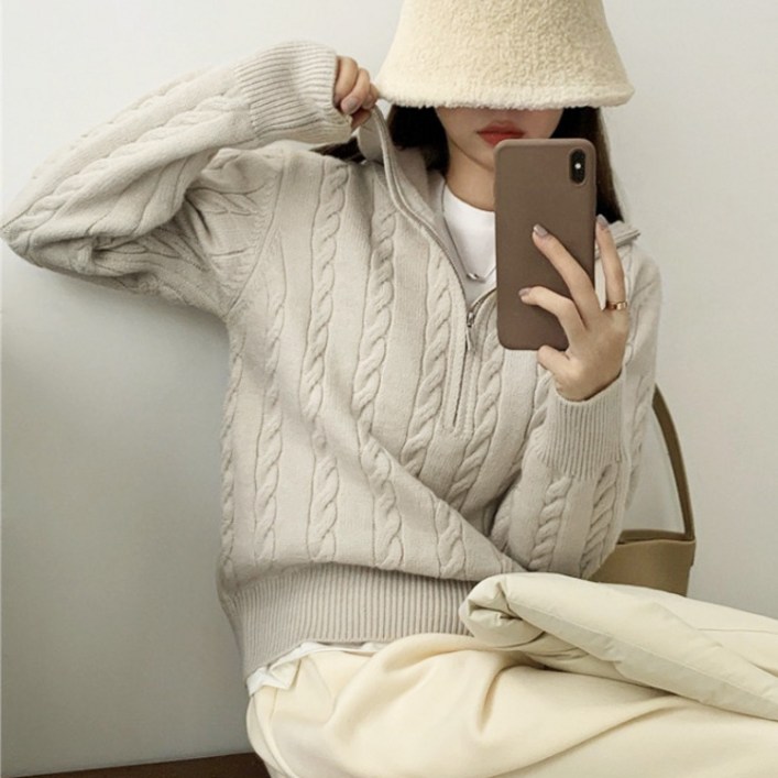 스토리원 WMFWWT033 여성 꽈배기 반집업 니트 트위스트