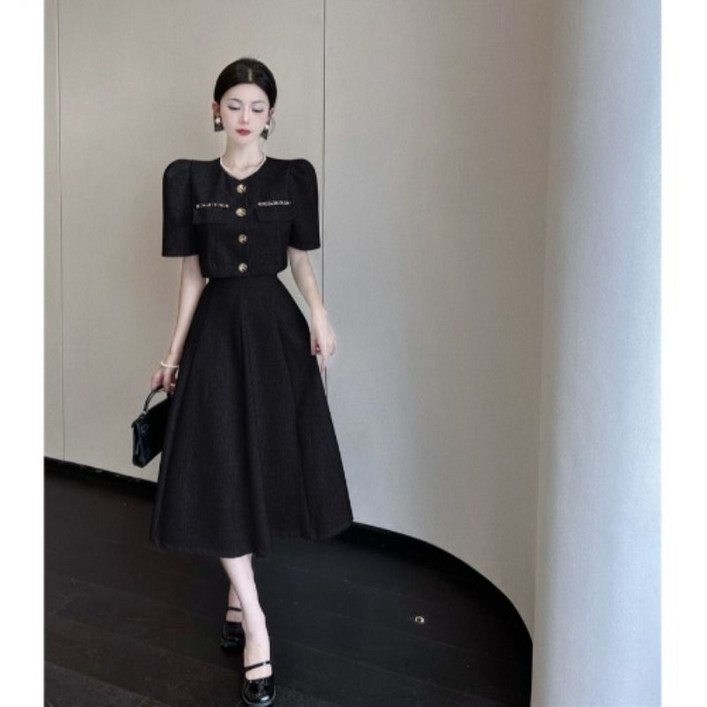 여성 반팔 트위드 세트 여름  패션 기질 숏 상의  캐주얼 스커트 루즈핏 소향풍 투피스 하객룩 여성복 LJX