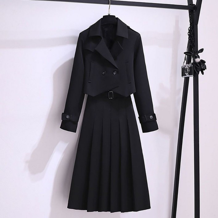 지고다그 빅사이즈 여성용 간절기용 크롭 자켓 플리츠 롱스커트 투피스 세트 감성 디자인 ZK6019