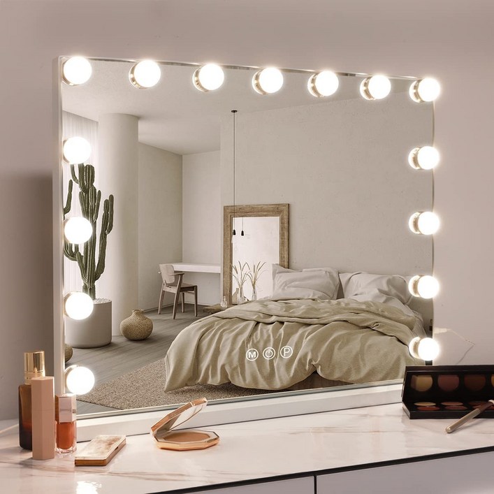 FENCHILIN 할리우드 LED 화장경 대형 조명 거울 조절식 LED 전구 14개 포함 대형 화장대 겸용 거울 데스크탑 또는 벽면 겸용 흰색 58cm x 46cm, 흰색 - 쇼핑앤샵