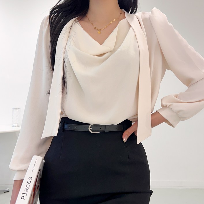 투디 드뮤어 드레이프 새틴 타이 블라우스, 3color