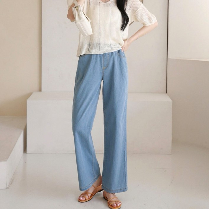 여성 여름 연청 밴딩 와이드 청바지 스판 데님 하체커버 통바지