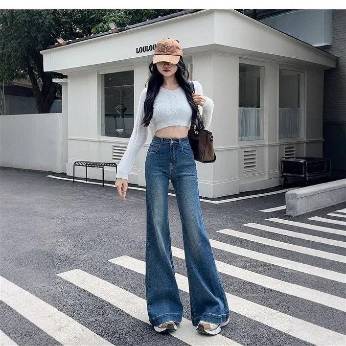 SAHINER 봄가을 여성 빈티지 캐주얼 하이웨이스트 와이드 부츠컷 데님 팬츠 LJ1226