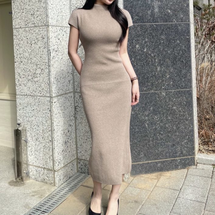 니트원피스 골지 롱원피스 반목 하프넥 캡소매 오피스룩/하객룩/격식룩