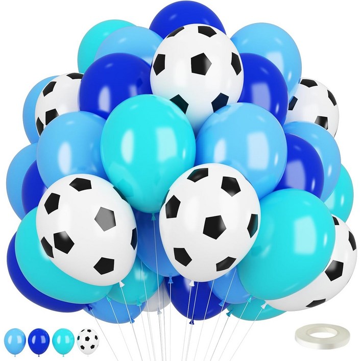 CEUQIESO  51 조각 축구 공 풍선, 12 인치 축구 풍선 로얄 블루 청록색 하늘색 축구 생일 소년 축구 생일 파티 축구 파티 장식을위한 라텍스 풍선