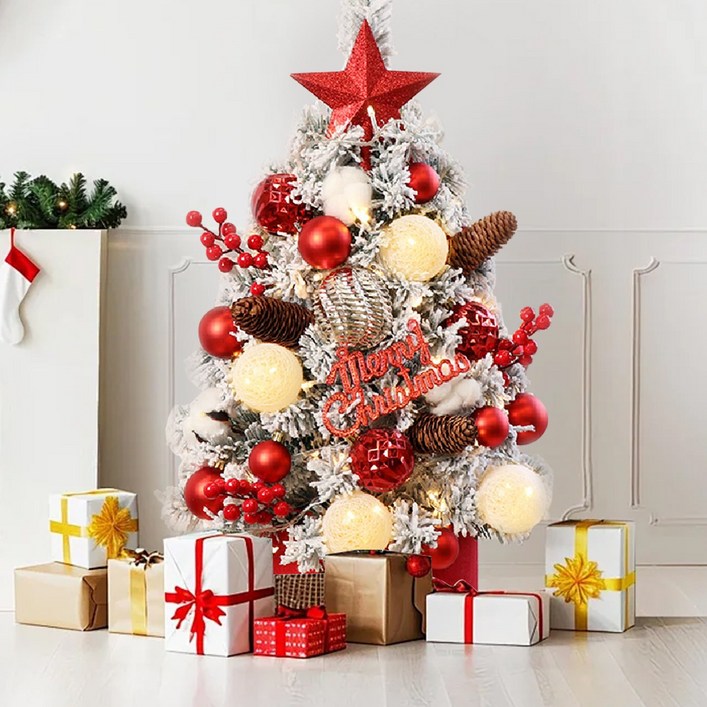 화려하고 풍성한 미니 크리스마스트리, 원터치 조작, 받침대 포함, LED 조명, 다양한 정교한 장식품이 함께 제공되어 거실, 식당, 호텔 등 다양한 장소에 적합합니다,120cm, 벨벳 부르고뉴 세트