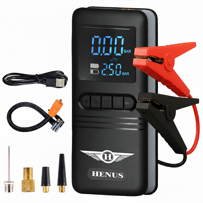 헤누스 듀얼부스터 2IN1 자동차 점프스타터 긴급시동 공기압주입기 15V스마트 점프 케이블, 12000mAh, 1세트