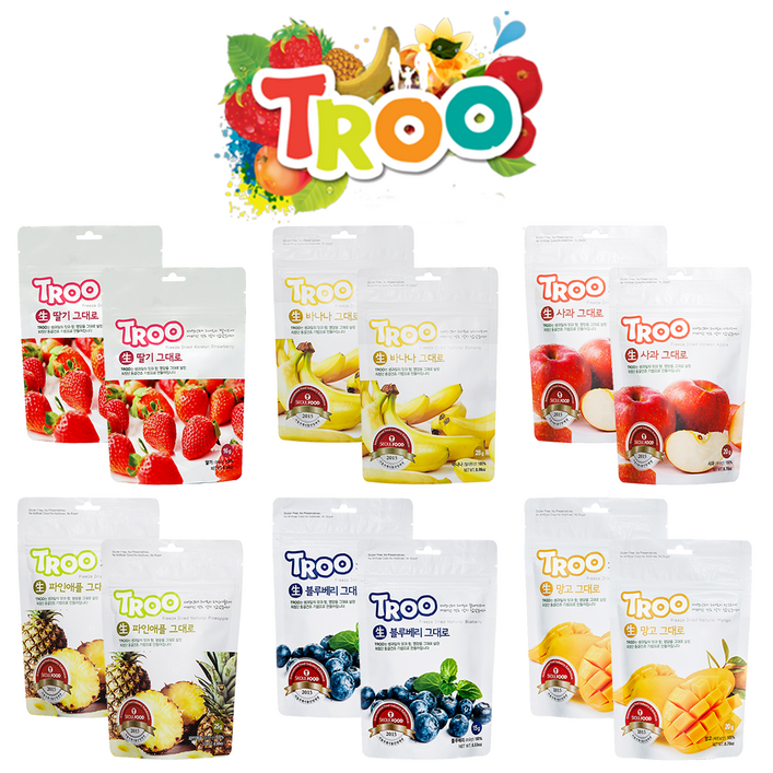 TROO 동결건조 과일칩 6봉 묶음 상품(딸기,블루베리,사과,바나나,파인애플,망고), 1세트