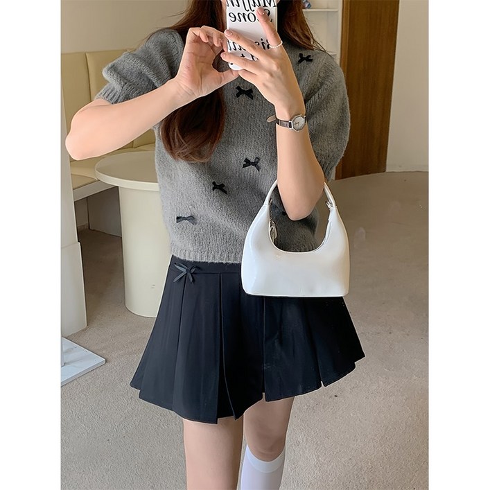 Kdragon 여성 라운드넥 리본 포인트 벌룬 반팔  니트 티셔츠