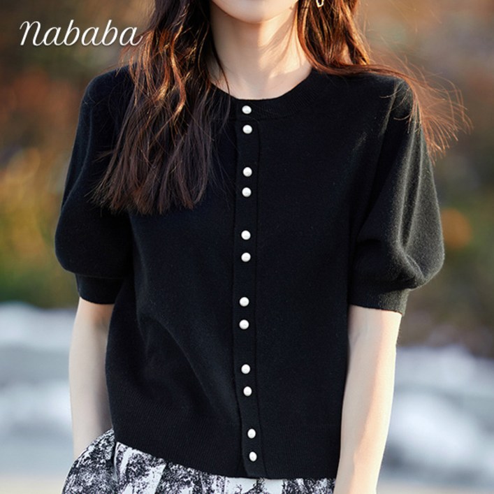 나바바 NK3046 여성 무지 심플 라운드넥 반팔 니트 가디건
