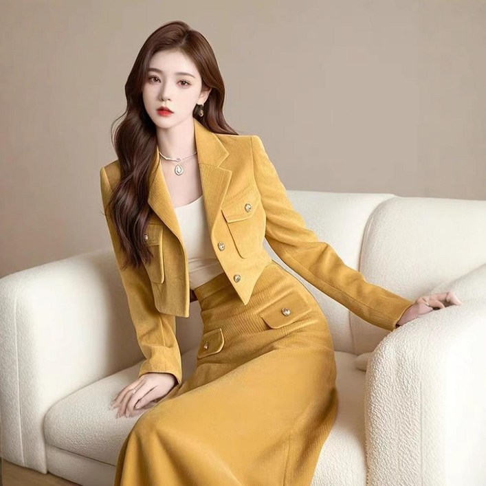 여성 골덴 세트 캐주얼 가을 겨울 긴팔 터틀넥 골덴 자켓  하이웨이스트 롱 치마 상하의 투피스 기질 소향풍 코듀로이 투피스 CY