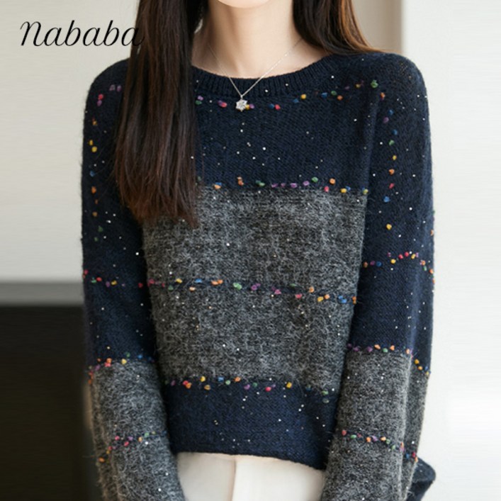 나바바 NK3311 여성 컬러풀 포인트 배색 라운드넥 긴팔 니트티