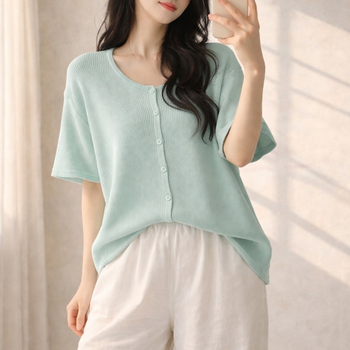 nanalshop 55~99 엄청난 신축성 여성니트 반팔가디건 반팔티 로운드 니트 오버핏 반팔 니트