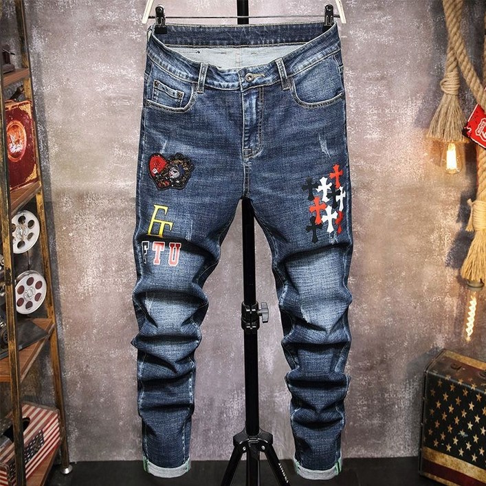 DFMEI 청바지 남성 자수 찢어진 바지 페인트 스트레치 슬림 바지