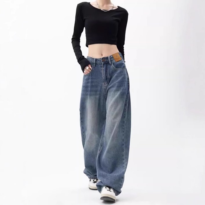 여성 사이드폴딩 빈티지 와이드 청바지 힙합 봄철 스판 청바지