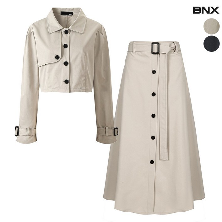 BNX 5566 여성 트렌치 벨트 크롭 자켓 스커트 셋업