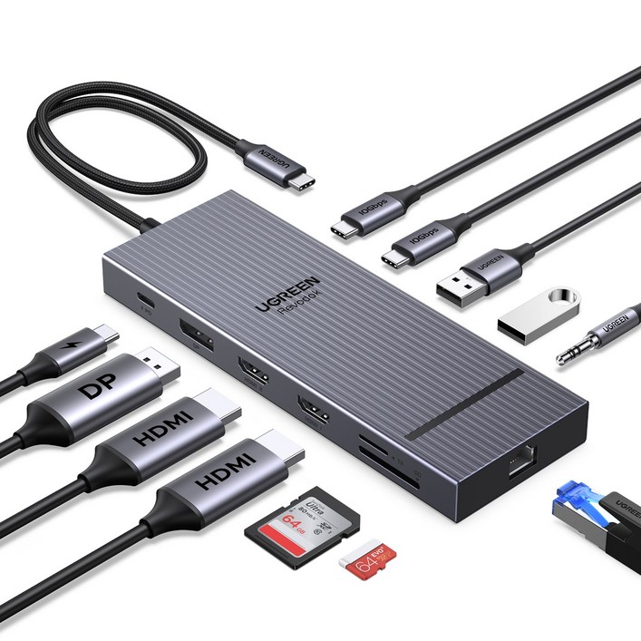 UGREEN 유그린 Revodok 12 in 1 USB 허브 트리플 4K C타입허브 2HDMI DP USB3.2 USB허브10Gbps SDTF RJ45 PD100W USB멀티탭, 1개, Grey