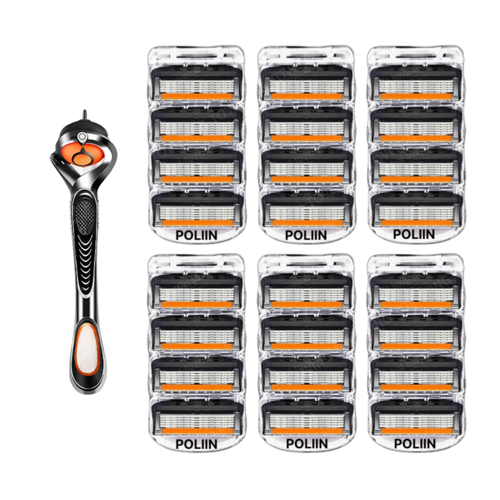 POLIIN 호환 신형 프로글라이드 질레트 면도날 블랙주황 스윙 면도기, 24개입, 1세트
