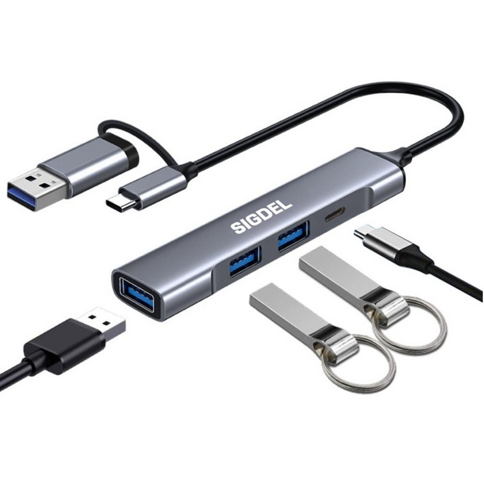 시그델 슬림형 4in1 USB 3.0 C타입 겸용 멀티 허브 4포트 USB*3 C타입*1 젠더 C to USB 노트북 컴퓨터 확장 포트 UH-08