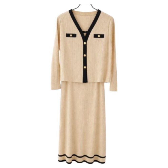 플리움 블랙배색 플리츠 원피스 자켓 세트 여성 정장 투피스