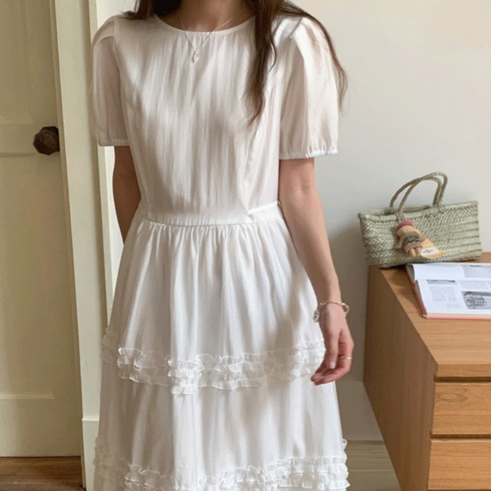 루어스룸 키르에 라운드넥 반팔 소매 레이스 프릴 캉캉 레이어드 롱 원피스